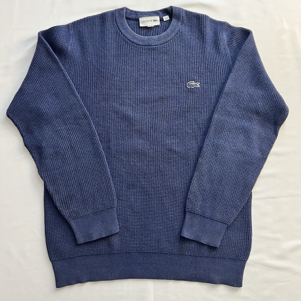 Lacoste Blue Waffle-Knit Crewneck Pullover Sweater Logo Embroidered Men's